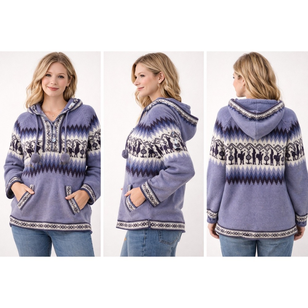 Alpaca Warehouse Lavender‎ Purple Llama Fair Isle Knit Hoodie Pom Pom Pullover
